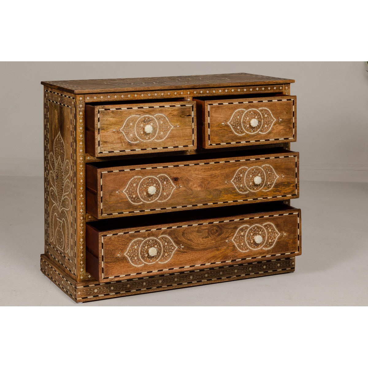Anglo-Indian Four-Drawer Vintage Dresser Chest with Floral Bone Inlay Design-12. Asian & Chinese Furniture, Art, Antiques, Vintage Home Décor for sale at FEA Home