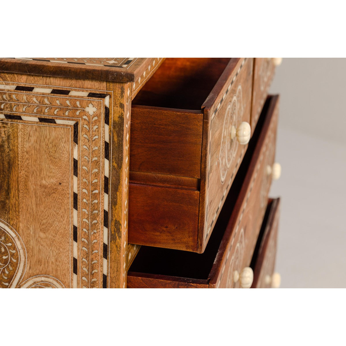 Anglo-Indian Four-Drawer Vintage Dresser Chest with Floral Bone Inlay Design-13. Asian & Chinese Furniture, Art, Antiques, Vintage Home Décor for sale at FEA Home