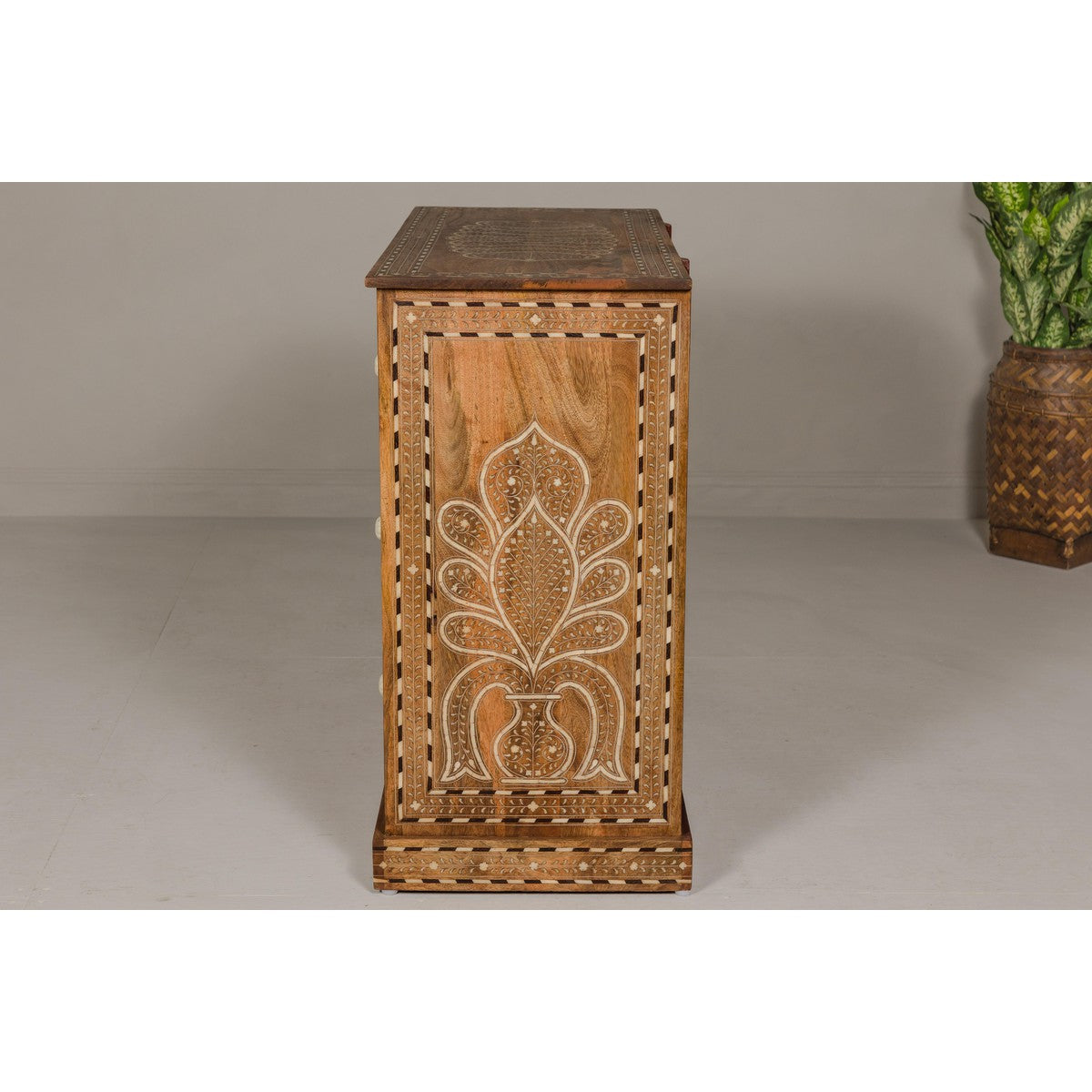 Anglo-Indian Four-Drawer Vintage Dresser Chest with Floral Bone Inlay Design-19. Asian & Chinese Furniture, Art, Antiques, Vintage Home Décor for sale at FEA Home