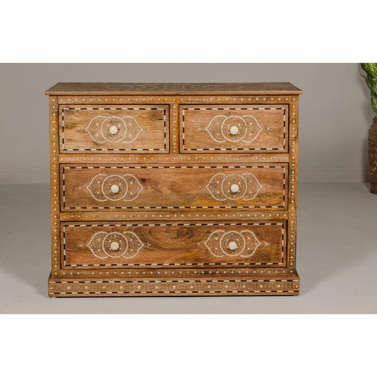 wooden vintage dresser Anglo-Indian Four-Drawer Vintage Dresser Chest with Floral Bone Inlay Design