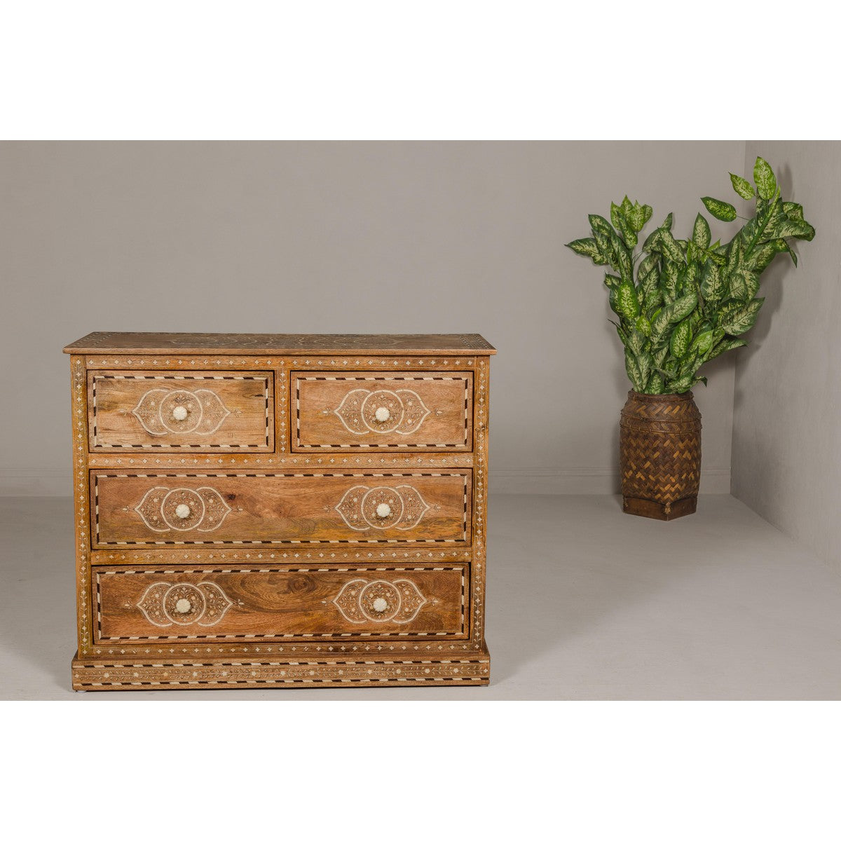 Anglo-Indian Four-Drawer Vintage Dresser Chest with Floral Bone Inlay Design-3. Asian & Chinese Furniture, Art, Antiques, Vintage Home Décor for sale at FEA Home
