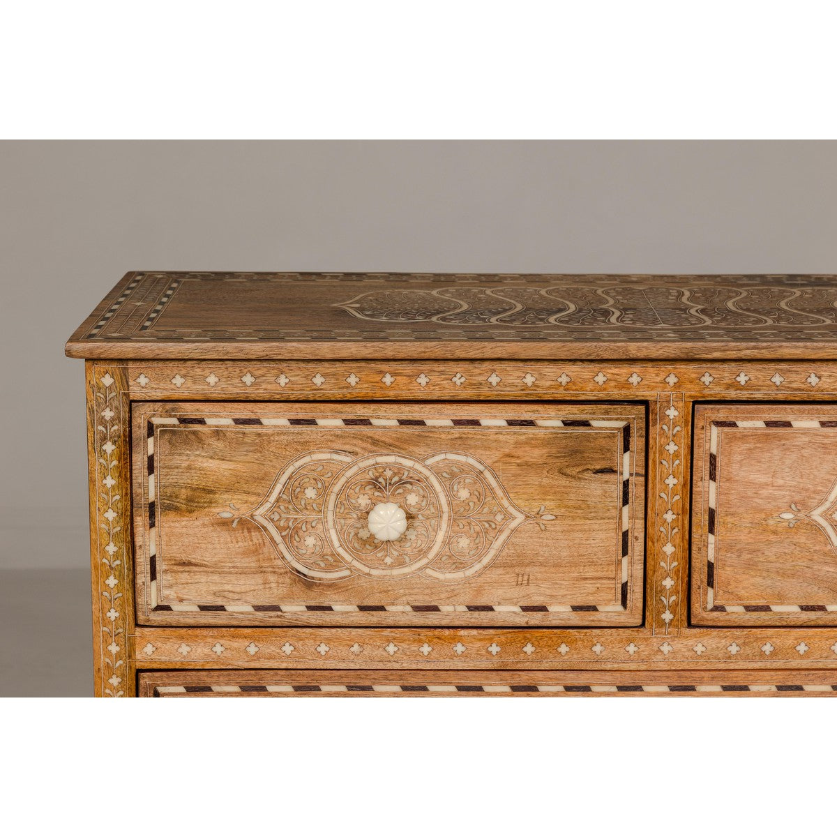Anglo-Indian Four-Drawer Vintage Dresser Chest with Floral Bone Inlay Design-5. Asian & Chinese Furniture, Art, Antiques, Vintage Home Décor for sale at FEA Home