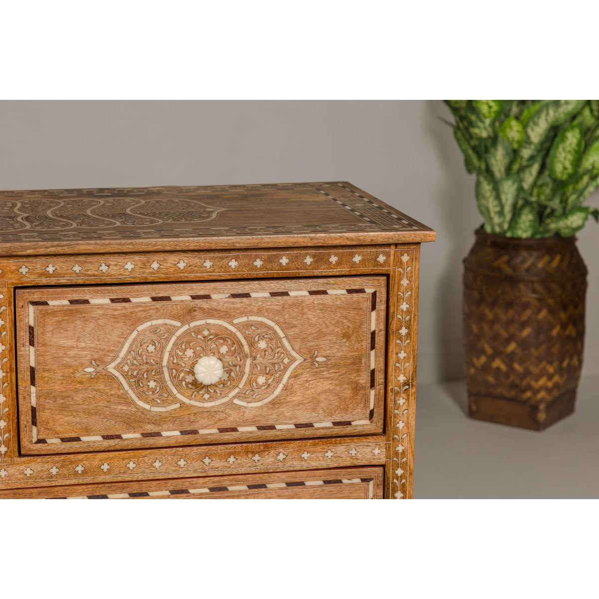 Anglo-Indian Four-Drawer Vintage Dresser Chest with Floral Bone Inlay Design-6. Asian & Chinese Furniture, Art, Antiques, Vintage Home Décor for sale at FEA Home
