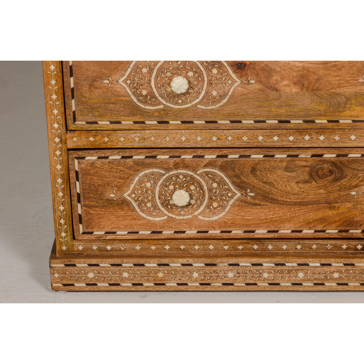 Anglo-Indian Four-Drawer Vintage Dresser Chest with Floral Bone Inlay Design-8. Asian & Chinese Furniture, Art, Antiques, Vintage Home Décor for sale at FEA Home
