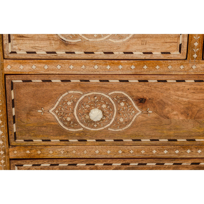 Anglo-Indian Four-Drawer Vintage Dresser Chest with Floral Bone Inlay Design-YN8014-9. Asian & Chinese Furniture, Art, Antiques, Vintage Home Décor for sale at FEA Home
