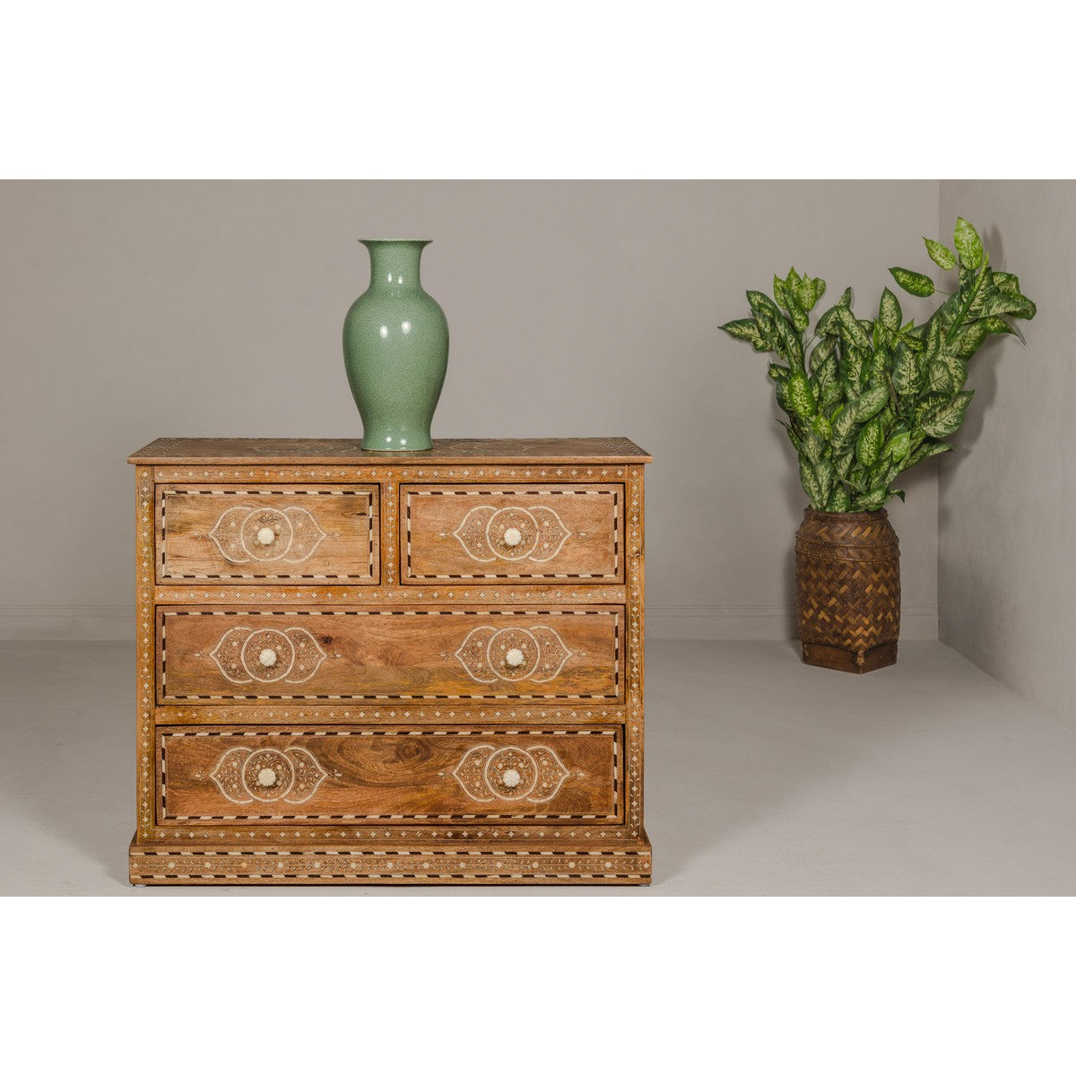 Anglo-Indian Four-Drawer Vintage Dresser Chest with Floral Bone Inlay Design-4. Asian & Chinese Furniture, Art, Antiques, Vintage Home Décor for sale at FEA Home