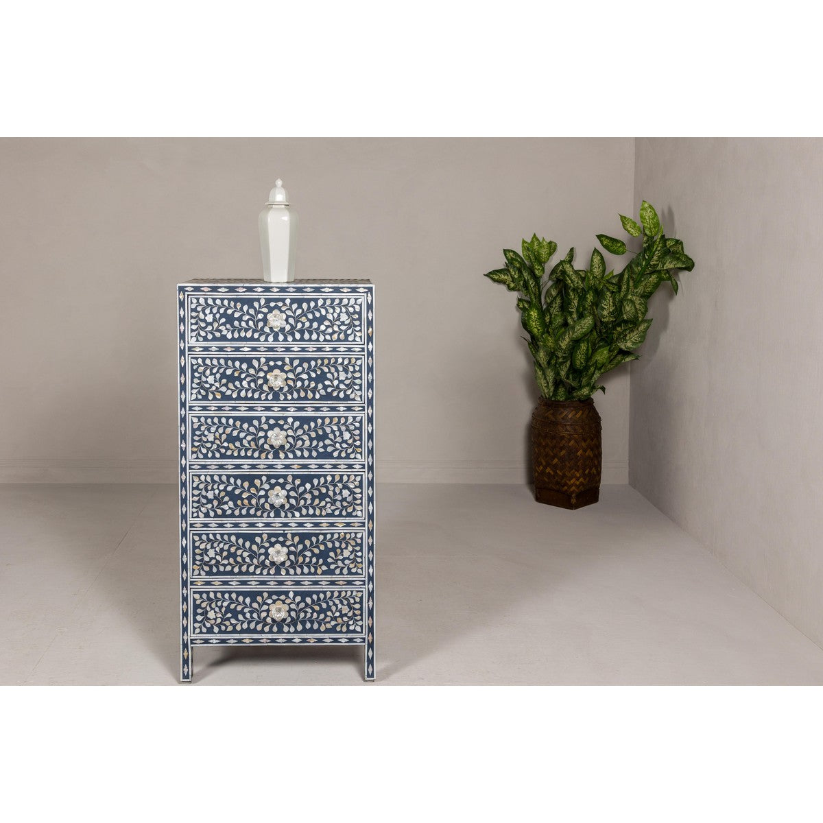 Blue and White Anglo Style Inlaid Mother of Pearl Tall Chest-10. Asian & Chinese Furniture, Art, Antiques, Vintage Home Décor for sale at FEA Home