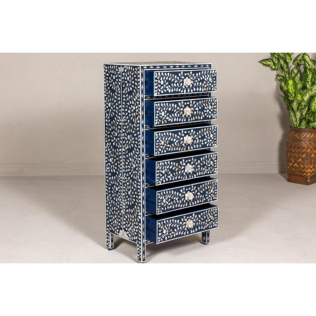 Blue and White Anglo Style Inlaid Mother of Pearl Tall Chest-11. Asian & Chinese Furniture, Art, Antiques, Vintage Home Décor for sale at FEA Home