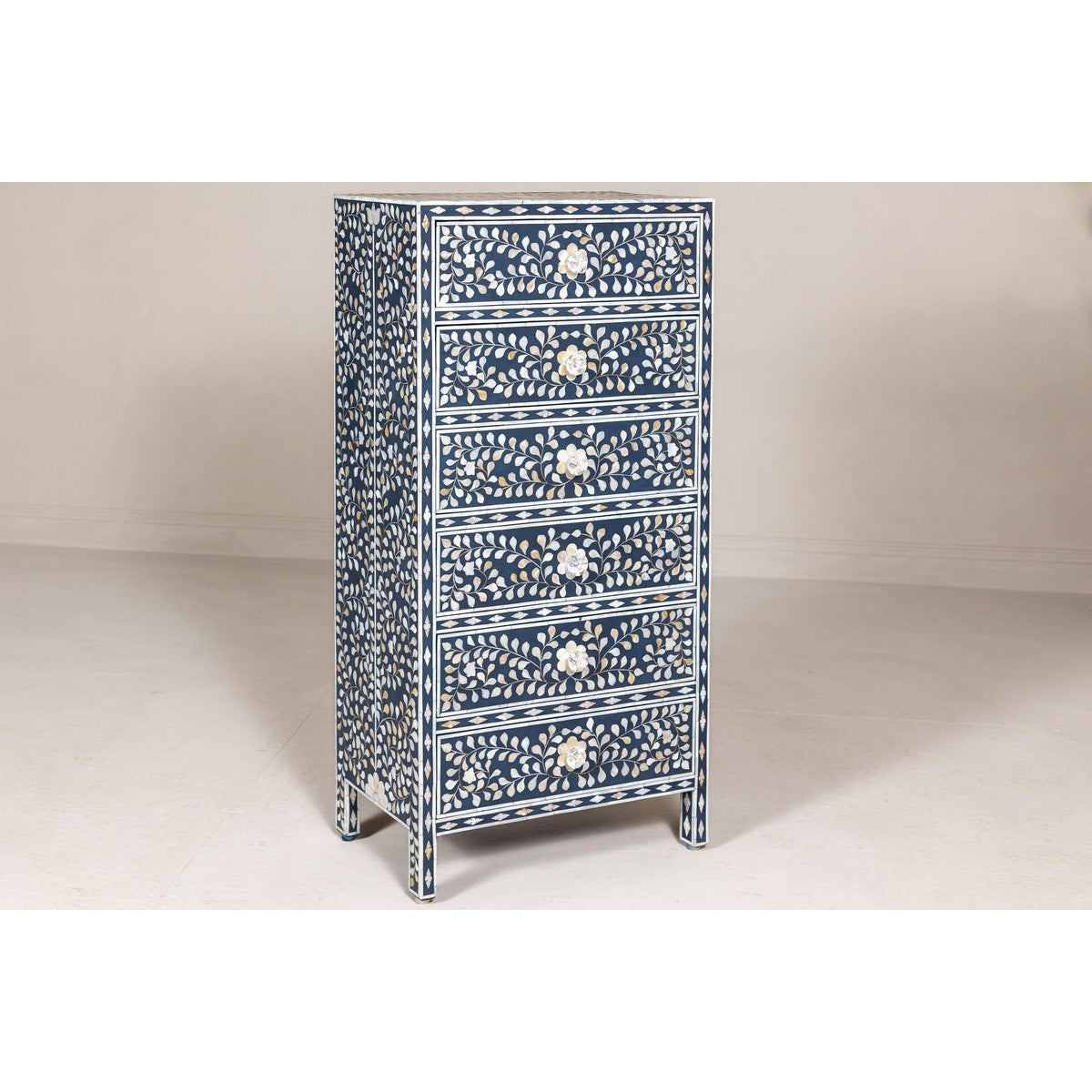 Blue and White Anglo Style Inlaid Mother of Pearl Tall Chest-13. Asian & Chinese Furniture, Art, Antiques, Vintage Home Décor for sale at FEA Home