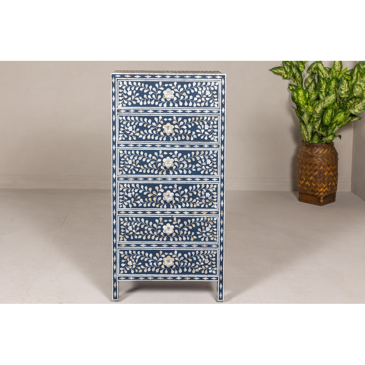 Blue and White Anglo Style Inlaid Mother of Pearl Tall Chest-2. Asian & Chinese Furniture, Art, Antiques, Vintage Home Décor for sale at FEA Home