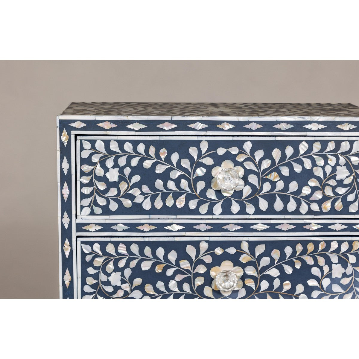 Blue and White Anglo Style Inlaid Mother of Pearl Tall Chest-5. Asian & Chinese Furniture, Art, Antiques, Vintage Home Décor for sale at FEA Home