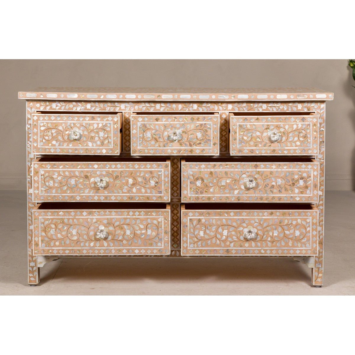 Anglo Style Soft Pink Dresser with Floral Themed Mother-of-Pearl Inlay-10. Asian & Chinese Furniture, Art, Antiques, Vintage Home Décor for sale at FEA Home