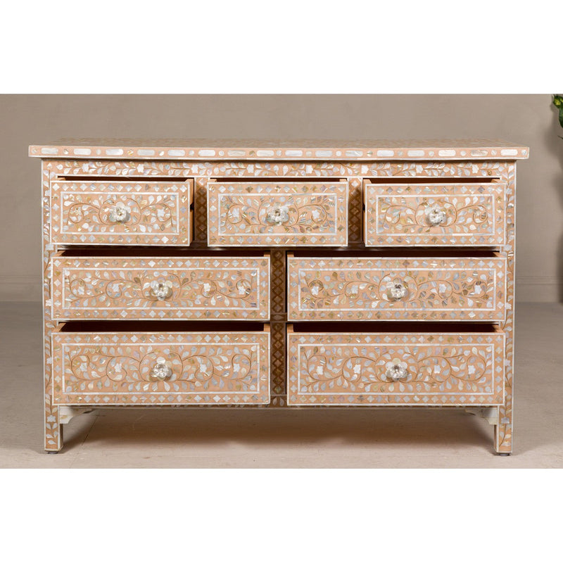 Anglo Style Soft Pink Dresser with Floral Themed Mother-of-Pearl Inlay-YN8016-10. Asian & Chinese Furniture, Art, Antiques, Vintage Home Décor for sale at FEA Home