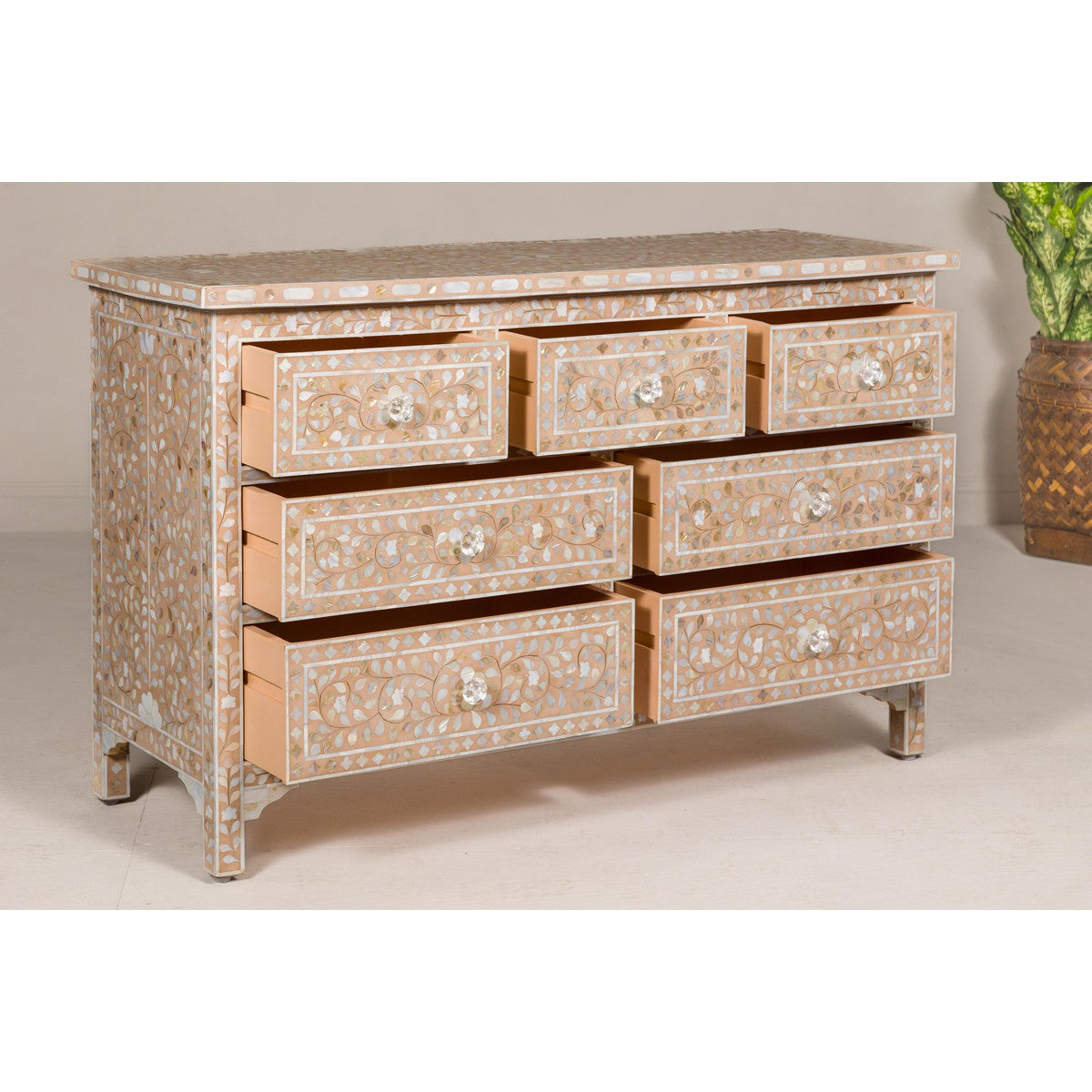 Anglo Style Soft Pink Dresser with Floral Themed Mother-of-Pearl Inlay-12. Asian & Chinese Furniture, Art, Antiques, Vintage Home Décor for sale at FEA Home