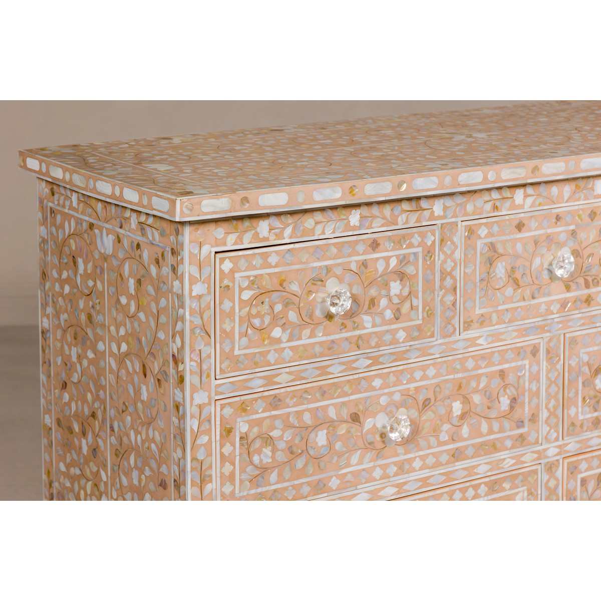 Anglo Style Soft Pink Dresser with Floral Themed Mother-of-Pearl Inlay-14. Asian & Chinese Furniture, Art, Antiques, Vintage Home Décor for sale at FEA Home