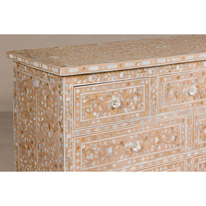 Anglo Style Soft Pink Dresser with Floral Themed Mother-of-Pearl Inlay-YN8016-14. Asian & Chinese Furniture, Art, Antiques, Vintage Home Décor for sale at FEA Home