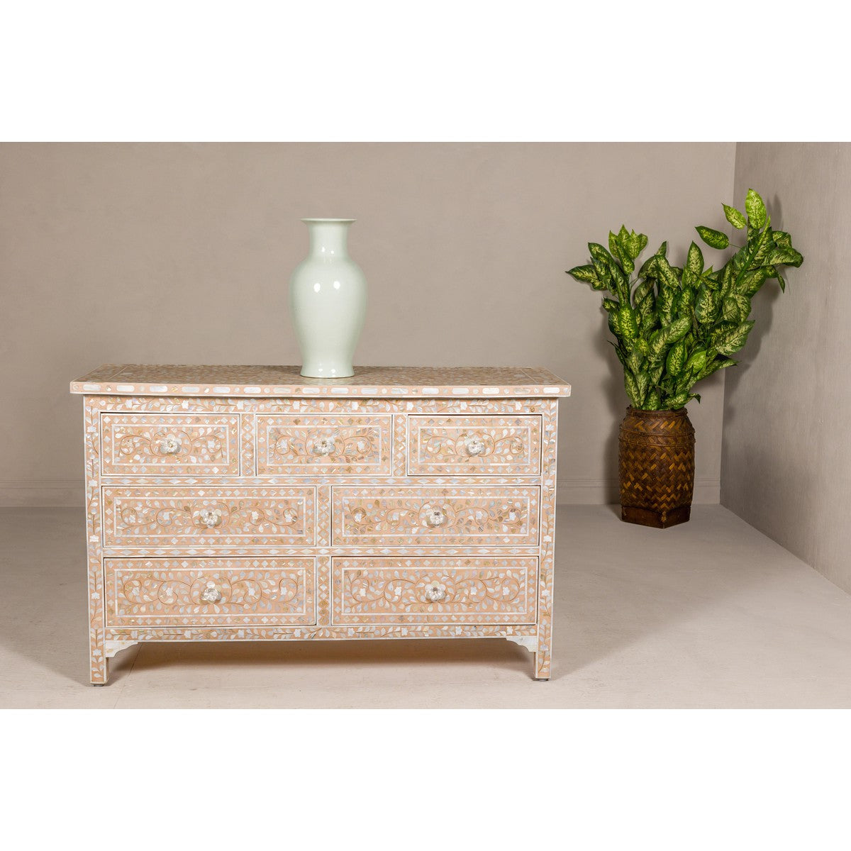 Anglo Style Soft Pink Dresser with Floral Themed Mother-of-Pearl Inlay-2. Asian & Chinese Furniture, Art, Antiques, Vintage Home Décor for sale at FEA Home