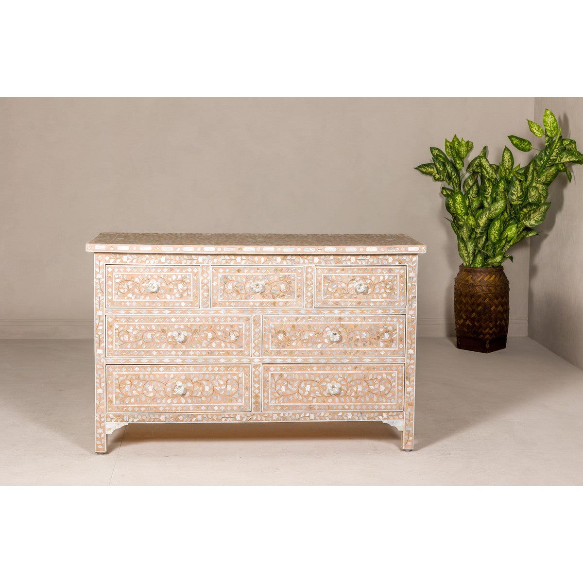 Anglo Style Soft Pink Dresser with Floral Themed Mother-of-Pearl Inlay-3. Asian & Chinese Furniture, Art, Antiques, Vintage Home Décor for sale at FEA Home