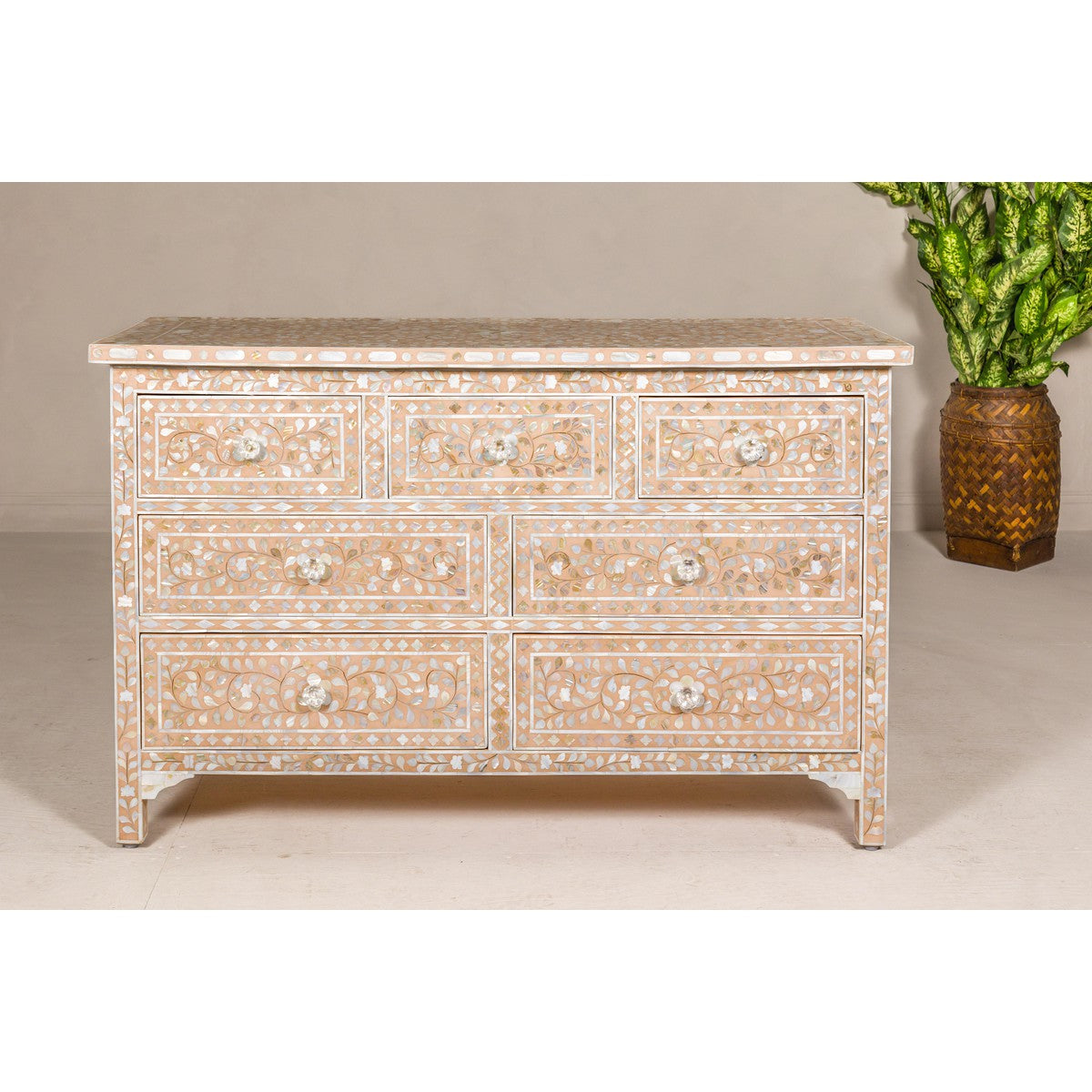 Anglo Style Soft Pink Dresser with Floral Themed Mother-of-Pearl Inlay-4. Asian & Chinese Furniture, Art, Antiques, Vintage Home Décor for sale at FEA Home