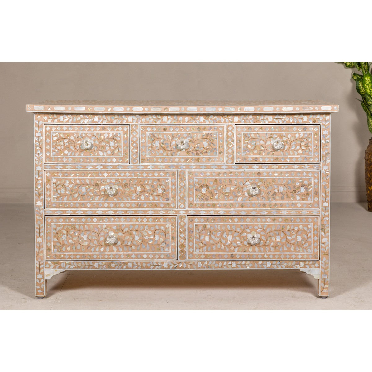 Anglo Style Soft Pink Dresser with Floral Themed Mother-of-Pearl Inlay-5. Asian & Chinese Furniture, Art, Antiques, Vintage Home Décor for sale at FEA Home