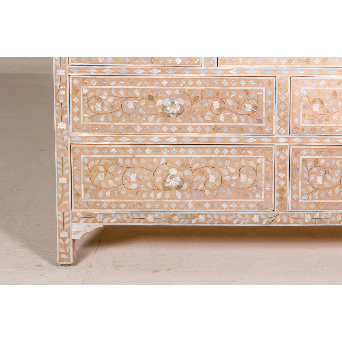 Anglo Style Soft Pink Dresser with Floral Themed Mother-of-Pearl Inlay-7. Asian & Chinese Furniture, Art, Antiques, Vintage Home Décor for sale at FEA Home