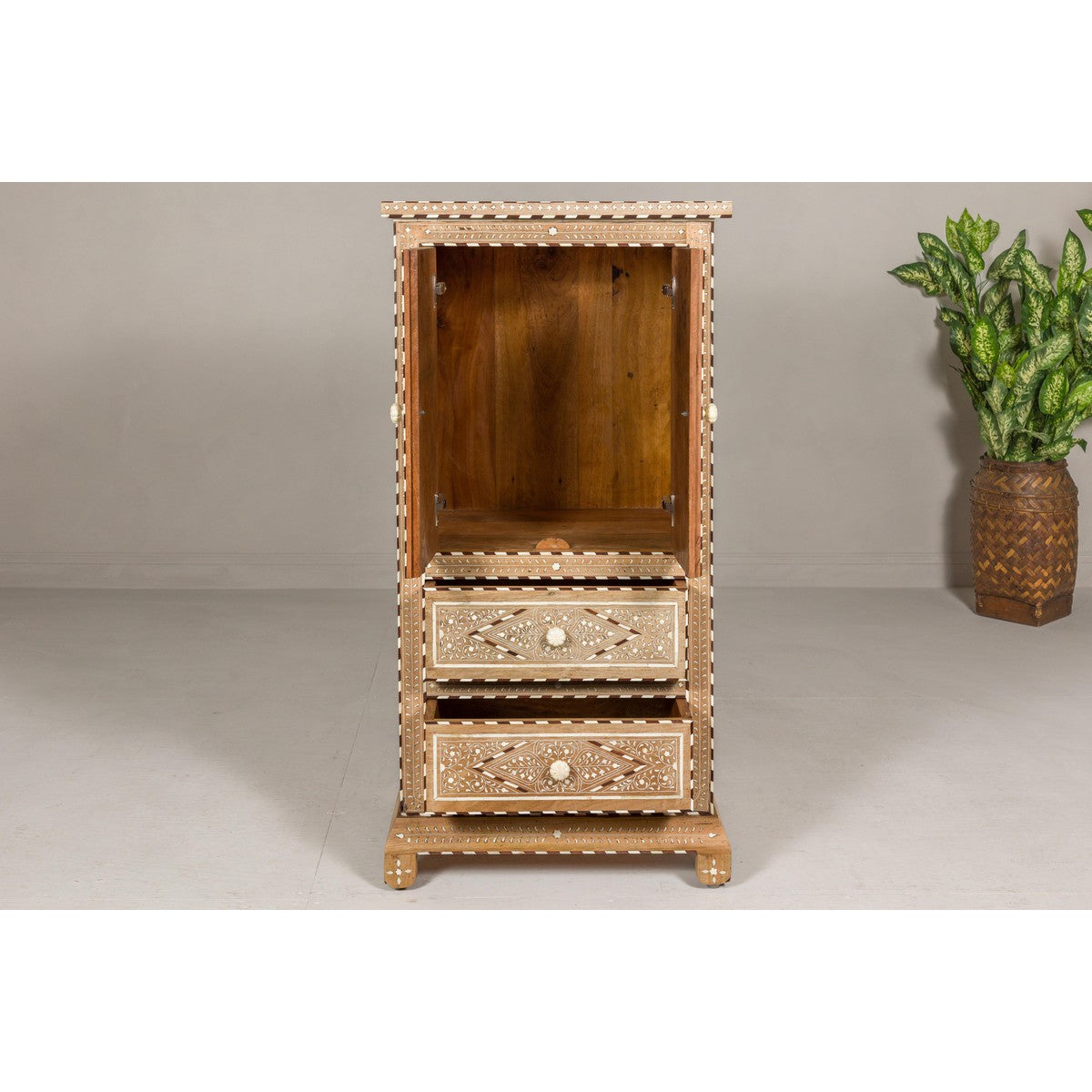 Anglo Style Narrow Cabinet with Foliage-Themed Bone Inlaid Décor-10. Asian & Chinese Furniture, Art, Antiques, Vintage Home Décor for sale at FEA Home