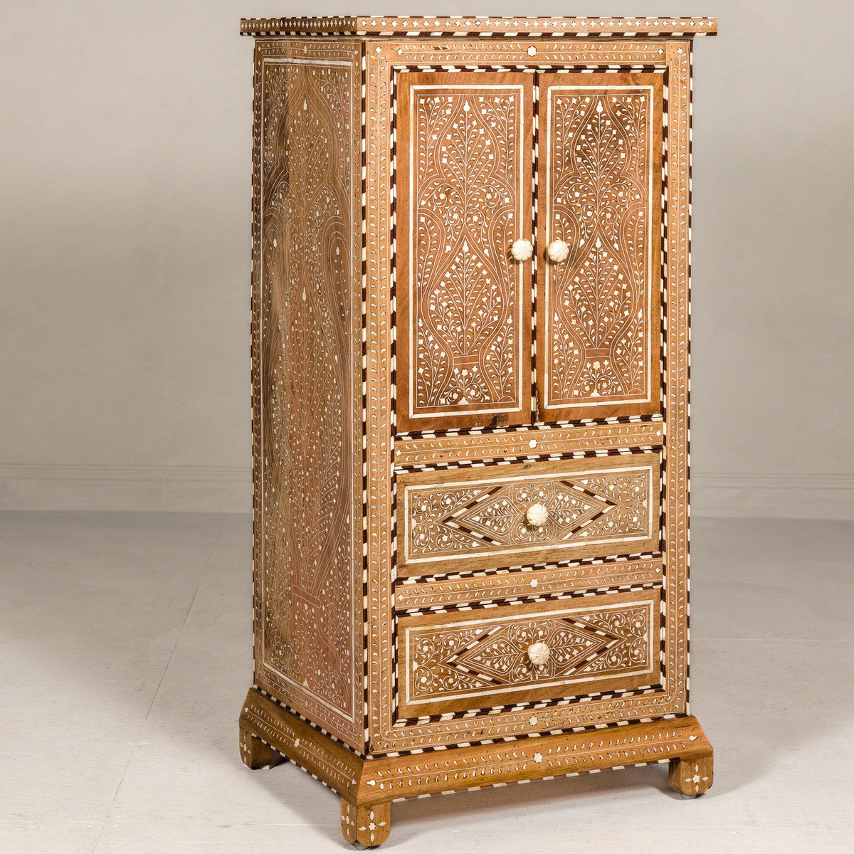 Anglo Style Narrow Cabinet with Foliage-Themed Bone Inlaid Décor-11. Asian & Chinese Furniture, Art, Antiques, Vintage Home Décor for sale at FEA Home