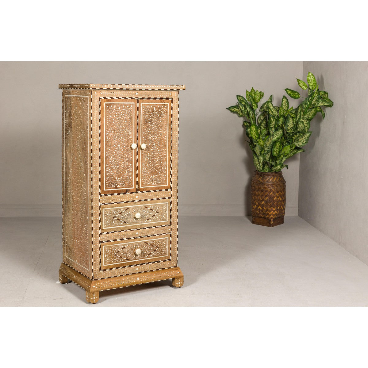 Anglo Style Narrow Cabinet with Foliage-Themed Bone Inlaid Décor-12. Asian & Chinese Furniture, Art, Antiques, Vintage Home Décor for sale at FEA Home