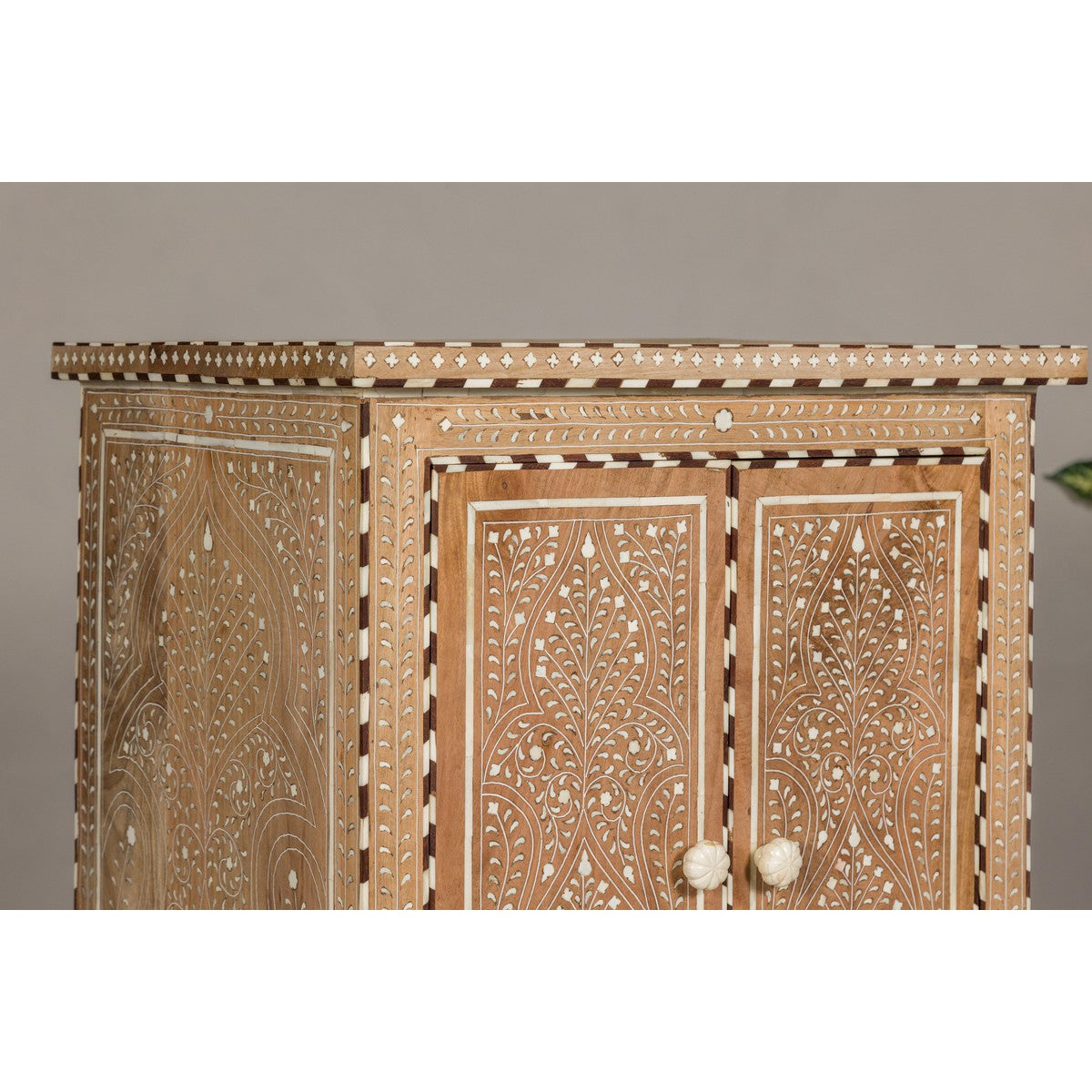Anglo Style Narrow Cabinet with Foliage-Themed Bone Inlaid Décor-13. Asian & Chinese Furniture, Art, Antiques, Vintage Home Décor for sale at FEA Home