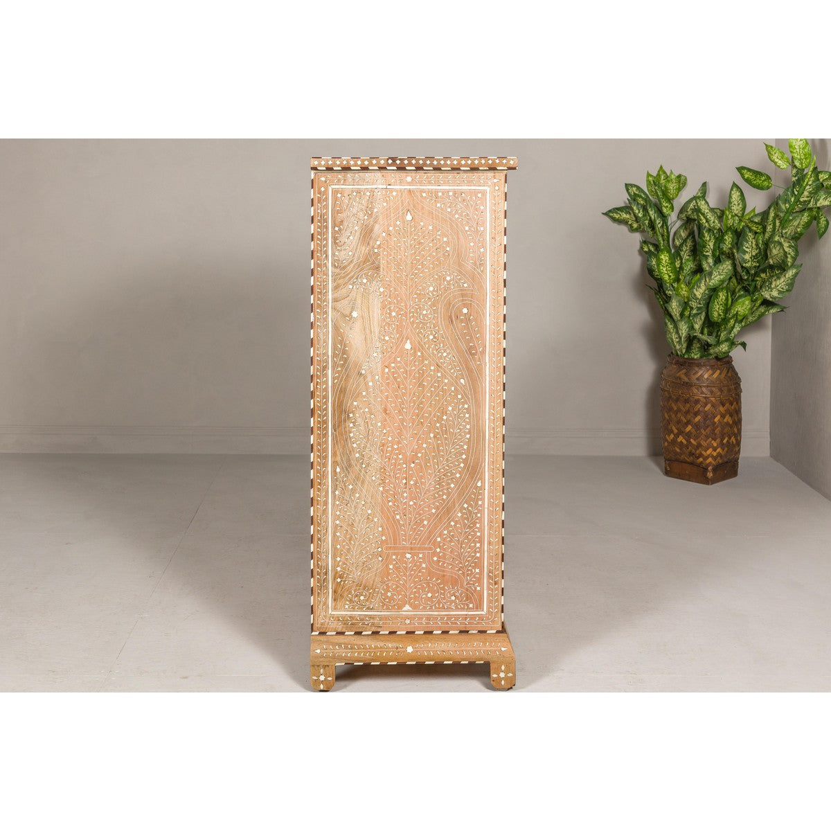 Anglo Style Narrow Cabinet with Foliage-Themed Bone Inlaid Décor-14. Asian & Chinese Furniture, Art, Antiques, Vintage Home Décor for sale at FEA Home