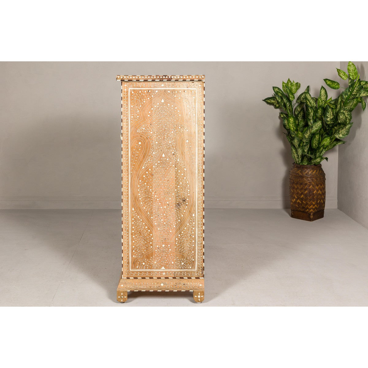 Anglo Style Narrow Cabinet with Foliage-Themed Bone Inlaid Décor-18. Asian & Chinese Furniture, Art, Antiques, Vintage Home Décor for sale at FEA Home