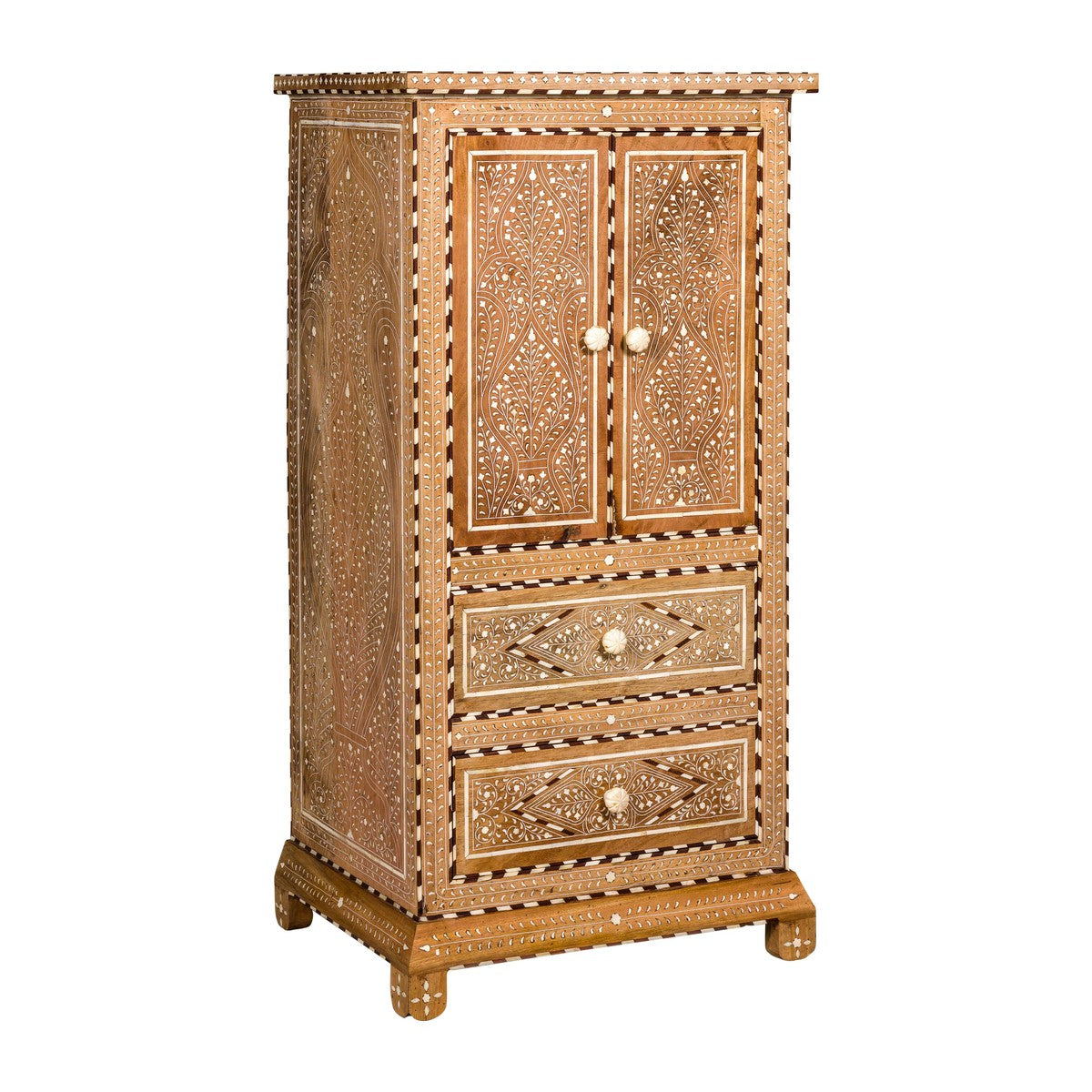 Anglo Style Narrow Cabinet with Foliage-Themed Bone Inlaid Décor-19. Asian & Chinese Furniture, Art, Antiques, Vintage Home Décor for sale at FEA Home