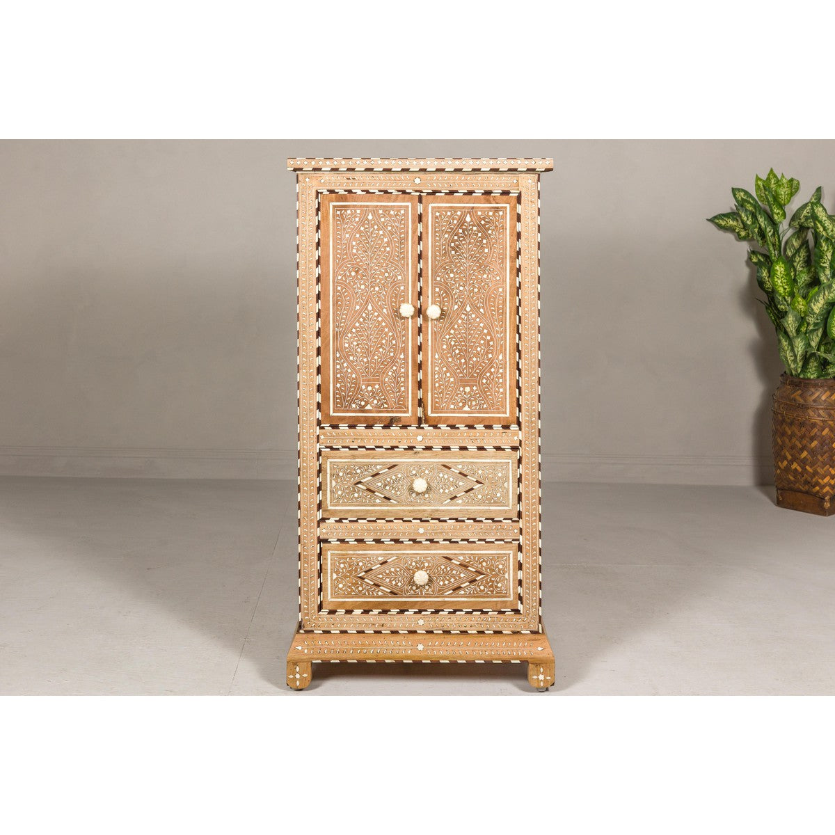 Anglo Style Narrow Cabinet with Foliage-Themed Bone Inlaid Décor-2. Asian & Chinese Furniture, Art, Antiques, Vintage Home Décor for sale at FEA Home