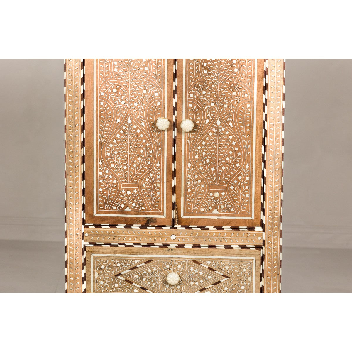 Anglo Style Narrow Cabinet with Foliage-Themed Bone Inlaid Décor-5. Asian & Chinese Furniture, Art, Antiques, Vintage Home Décor for sale at FEA Home