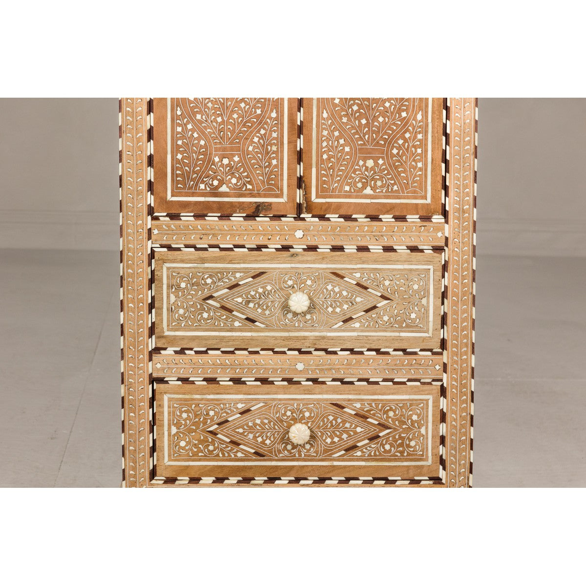 Anglo Style Narrow Cabinet with Foliage-Themed Bone Inlaid Décor-6. Asian & Chinese Furniture, Art, Antiques, Vintage Home Décor for sale at FEA Home