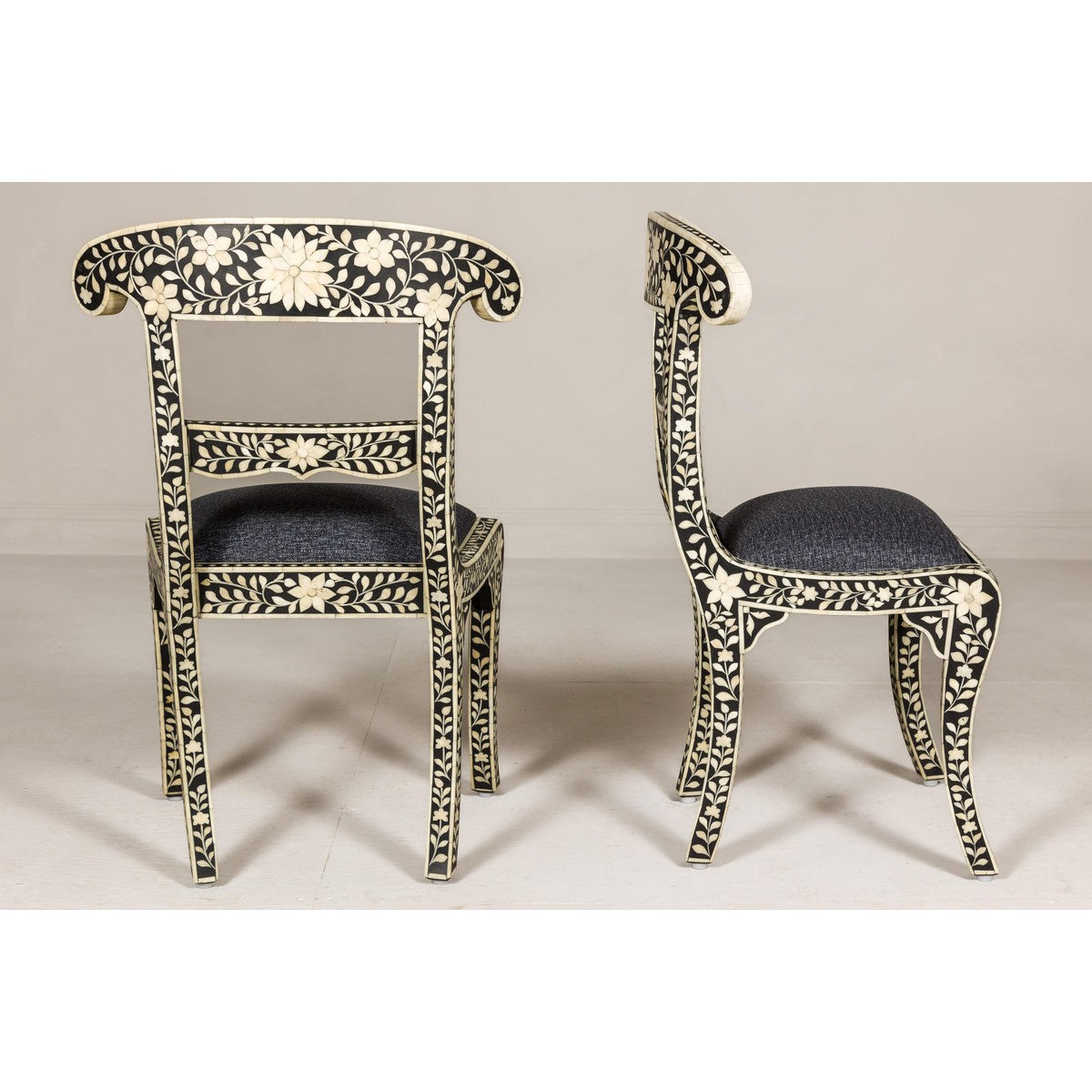 Anglo Style Ebonised Side Chairs with Floral Themed Bone Inlay, a Pair-10. Asian & Chinese Furniture, Art, Antiques, Vintage Home Décor for sale at FEA Home