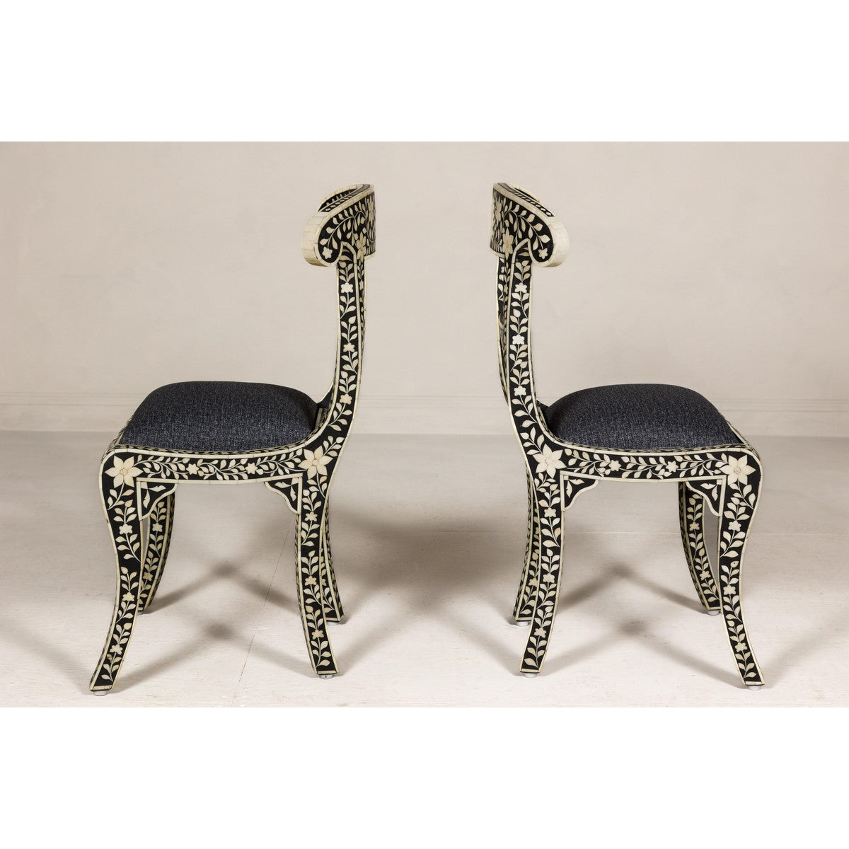 Anglo Style Ebonised Side Chairs with Floral Themed Bone Inlay, a Pair-11. Asian & Chinese Furniture, Art, Antiques, Vintage Home Décor for sale at FEA Home
