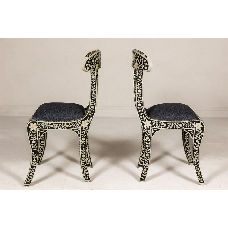 Anglo Style Ebonised Side Chairs with Floral Themed Bone Inlay, a Pair-YN8018-11. Asian & Chinese Furniture, Art, Antiques, Vintage Home Décor for sale at FEA Home