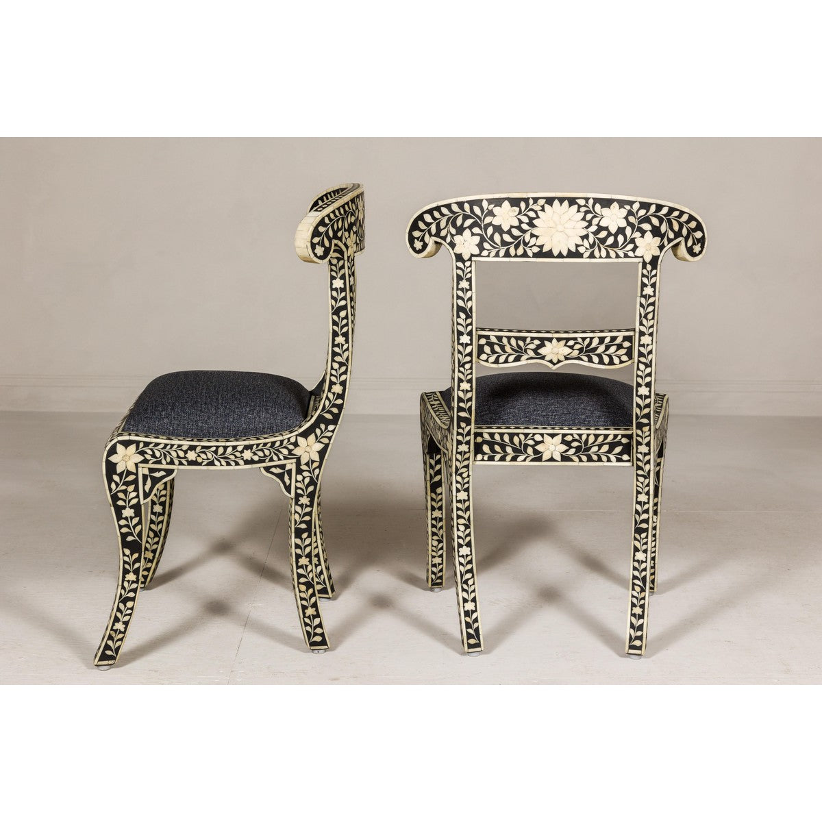 Anglo Style Ebonised Side Chairs with Floral Themed Bone Inlay, a Pair-12. Asian & Chinese Furniture, Art, Antiques, Vintage Home Décor for sale at FEA Home
