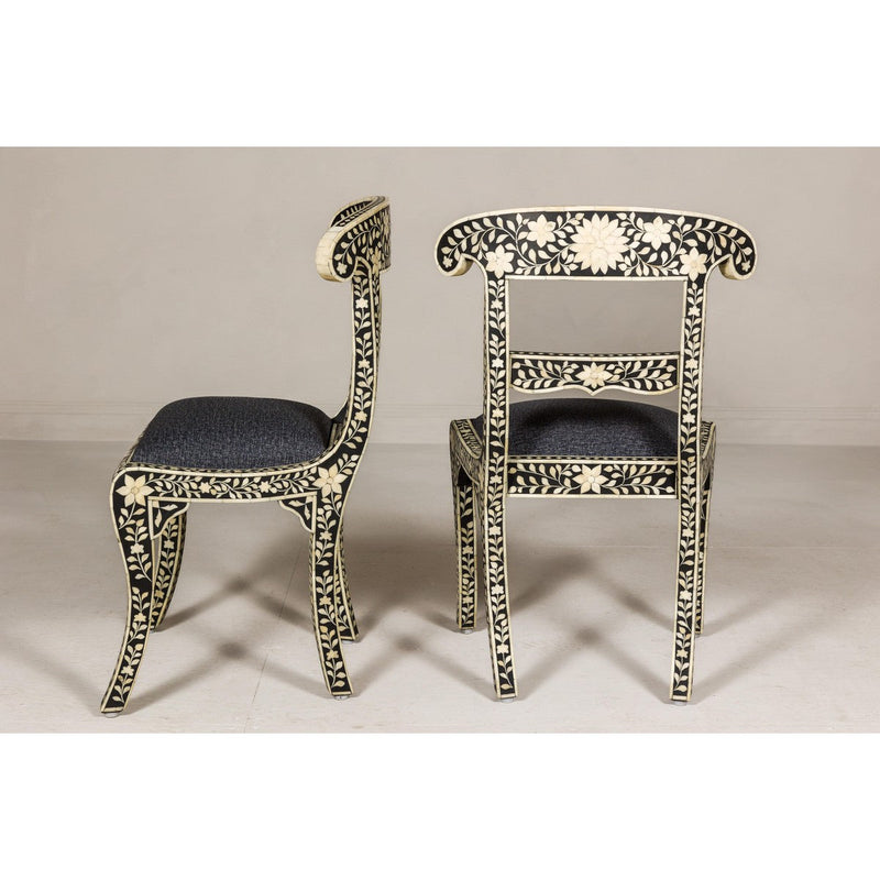 Anglo Style Ebonised Side Chairs with Floral Themed Bone Inlay, a Pair-YN8018-12. Asian & Chinese Furniture, Art, Antiques, Vintage Home Décor for sale at FEA Home