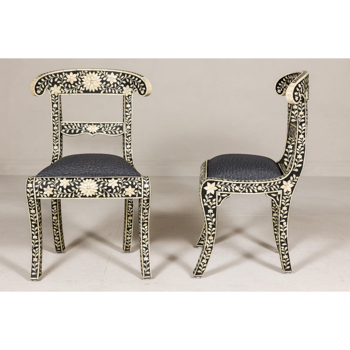 Anglo Style Ebonised Side Chairs with Floral Themed Bone Inlay, a Pair-13. Asian & Chinese Furniture, Art, Antiques, Vintage Home Décor for sale at FEA Home
