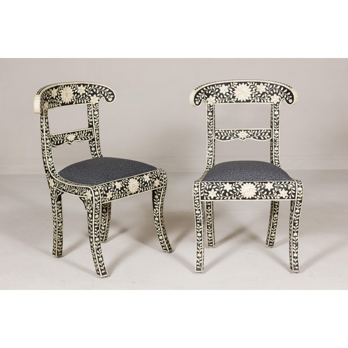 Anglo Style Ebonised Side Chairs with Floral Themed Bone Inlay, a Pair-2. Asian & Chinese Furniture, Art, Antiques, Vintage Home Décor for sale at FEA Home