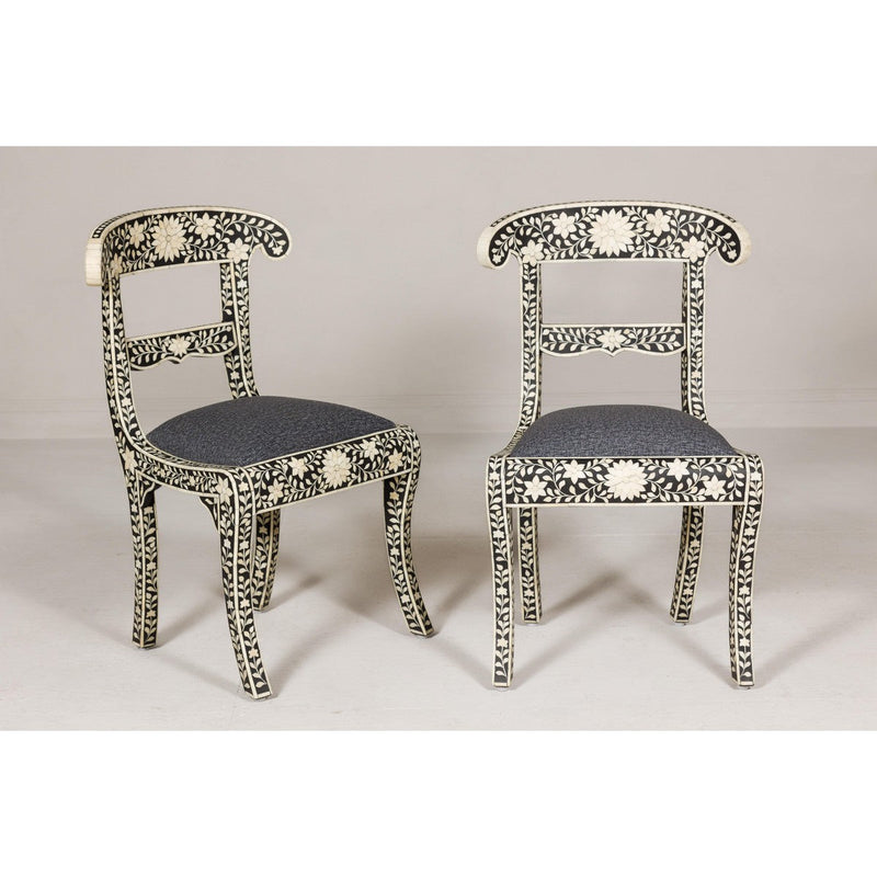 Anglo Style Ebonised Side Chairs with Floral Themed Bone Inlay, a Pair-YN8018-2. Asian & Chinese Furniture, Art, Antiques, Vintage Home Décor for sale at FEA Home