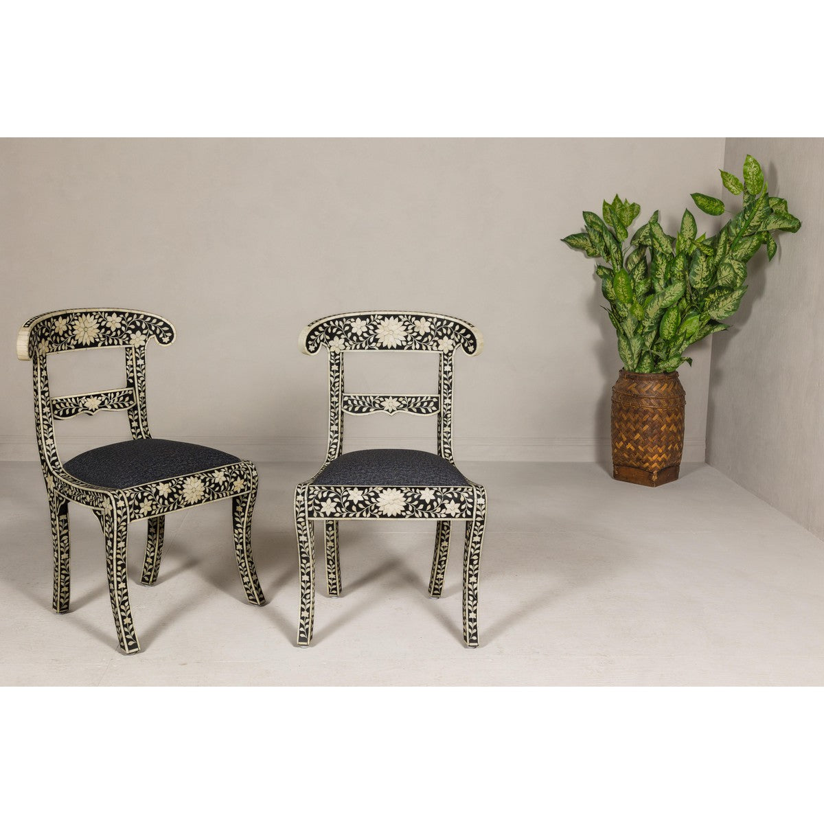 Anglo Style Ebonised Side Chairs with Floral Themed Bone Inlay, a Pair-4. Asian & Chinese Furniture, Art, Antiques, Vintage Home Décor for sale at FEA Home