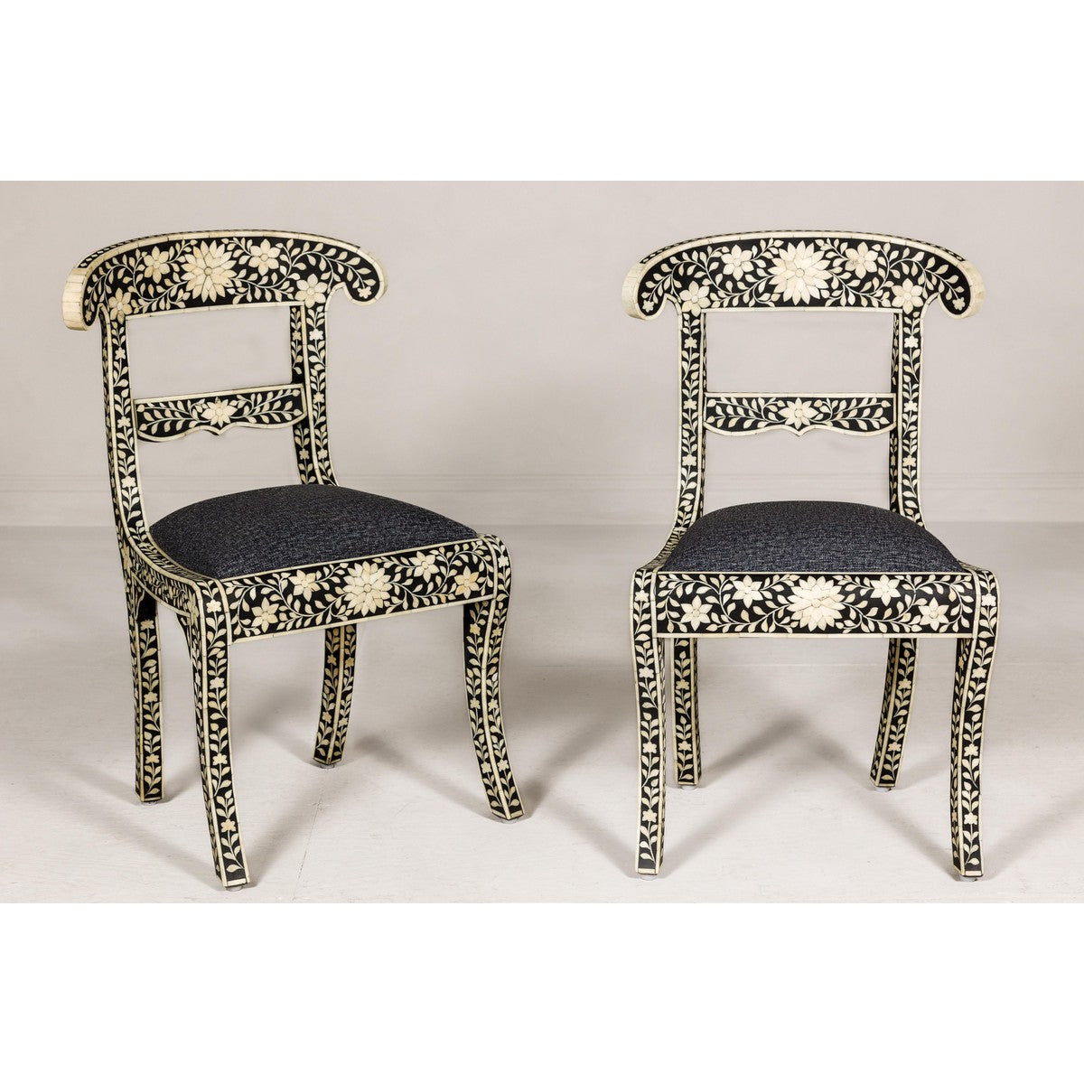 Anglo Style Ebonised Side Chairs with Floral Themed Bone Inlay, a Pair-5. Asian & Chinese Furniture, Art, Antiques, Vintage Home Décor for sale at FEA Home