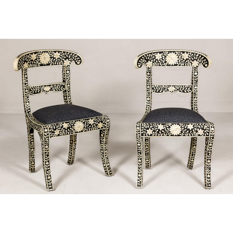 Anglo Style Ebonised Side Chairs with Floral Themed Bone Inlay, a Pair-YN8018-5. Asian & Chinese Furniture, Art, Antiques, Vintage Home Décor for sale at FEA Home