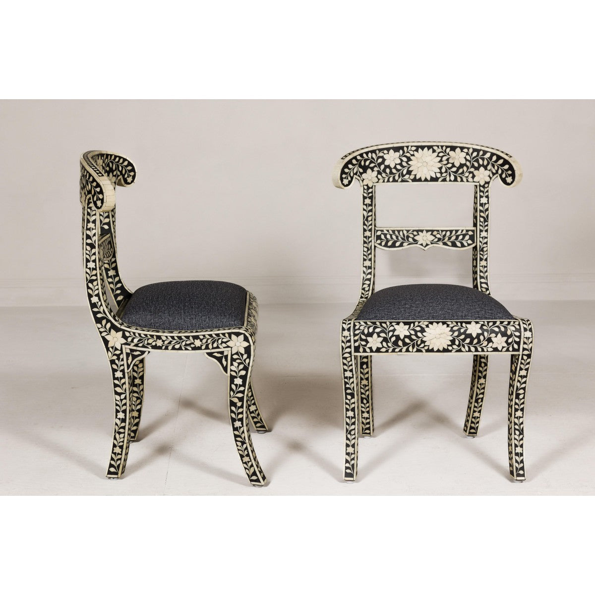 Anglo Style Ebonised Side Chairs with Floral Themed Bone Inlay, a Pair-6. Asian & Chinese Furniture, Art, Antiques, Vintage Home Décor for sale at FEA Home