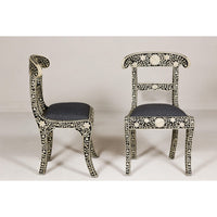 Anglo Style Ebonised Side Chairs with Floral Themed Bone Inlay, a Pair