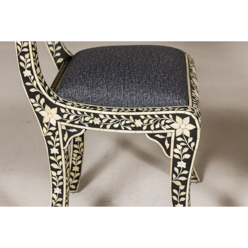 Anglo Style Ebonised Side Chairs with Floral Themed Bone Inlay, a Pair-YN8018-8. Asian & Chinese Furniture, Art, Antiques, Vintage Home Décor for sale at FEA Home