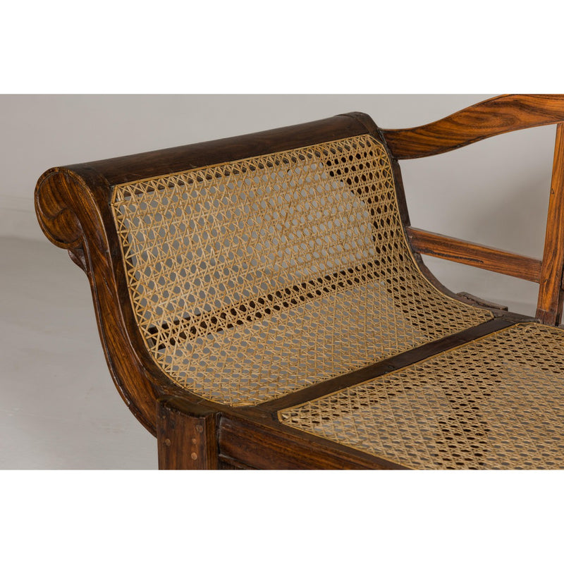 British Colonial Carved and Cane Settee with Swan Neck Back and Scrolling Arms-YN8021-14. Asian & Chinese Furniture, Art, Antiques, Vintage Home Décor for sale at FEA Home